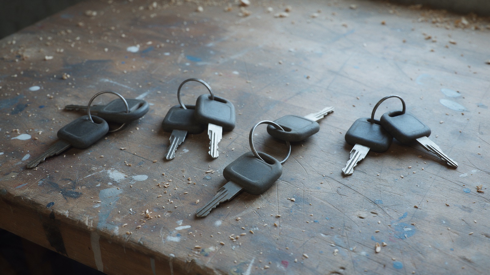 Four sets of truck keys on a bench with one set set apart from the rest